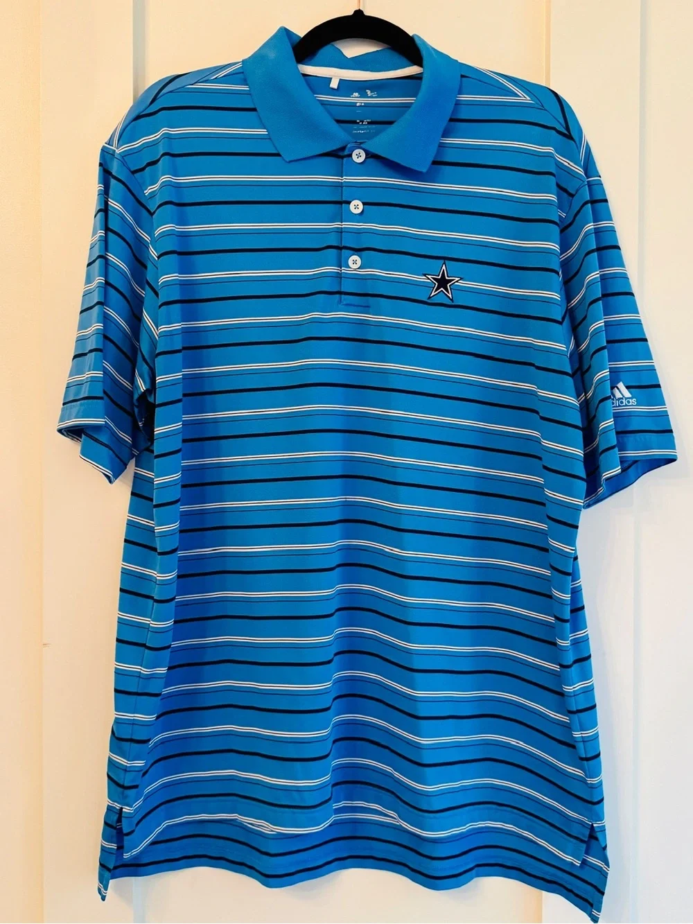 Adidas Men’s Blue Striped Golf Shirt with Cowboys Logo